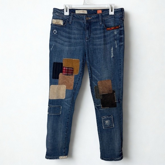 Pilcro and the Letterpress Denim - Anthropologie Pilcro Hyphen Patchwork Embroidered Jeans 29 Dark/Med Wash- Grunge